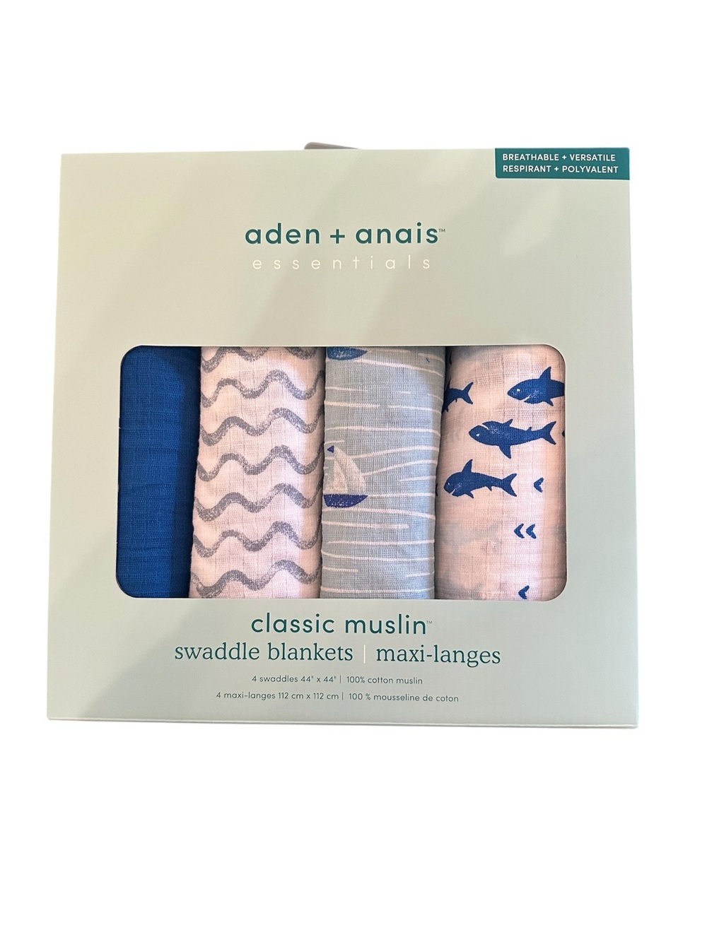 Aden + Anais Essentials Classic Muslin Swaddle Blankets Nautical Pack of 4 NEW